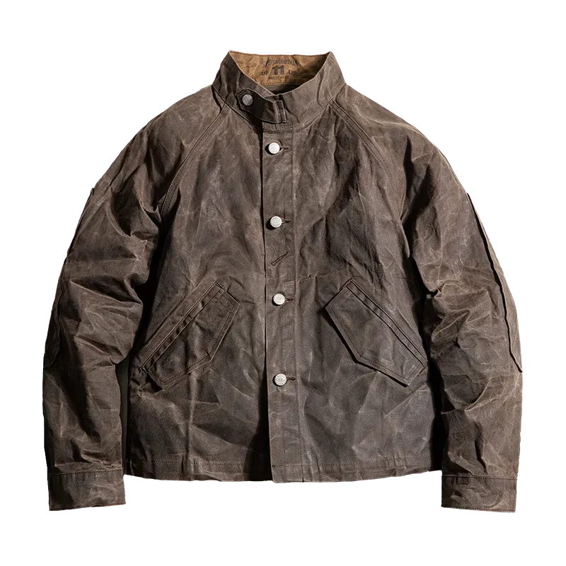 Stand Collar Oil Waxed Jacket - Men's Waterproof Vintage Coat