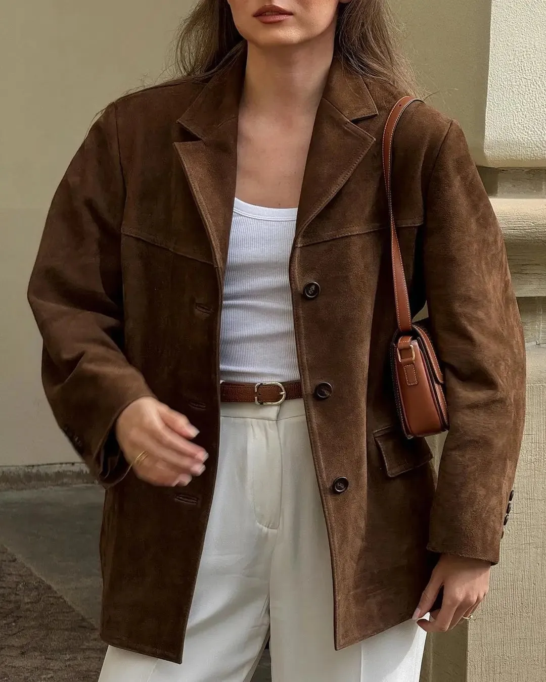 TAVIMART  -  Casual Brown Cropped Lapel Women's Jacket Fashion Single Breasted Long Sleeve Loose Coat New Winter Chic Female Streetwear