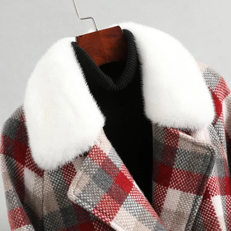 Winter Women Warm Wool Coat Plaid Belted Blends Outwear